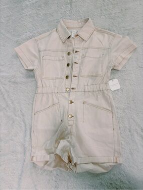 Altar'd State Cream Short-Sleeve Denim Romper
